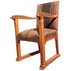 Rare Antique Gothic Revival Oak Armchair Chair with Demon Sculptures as Armrests