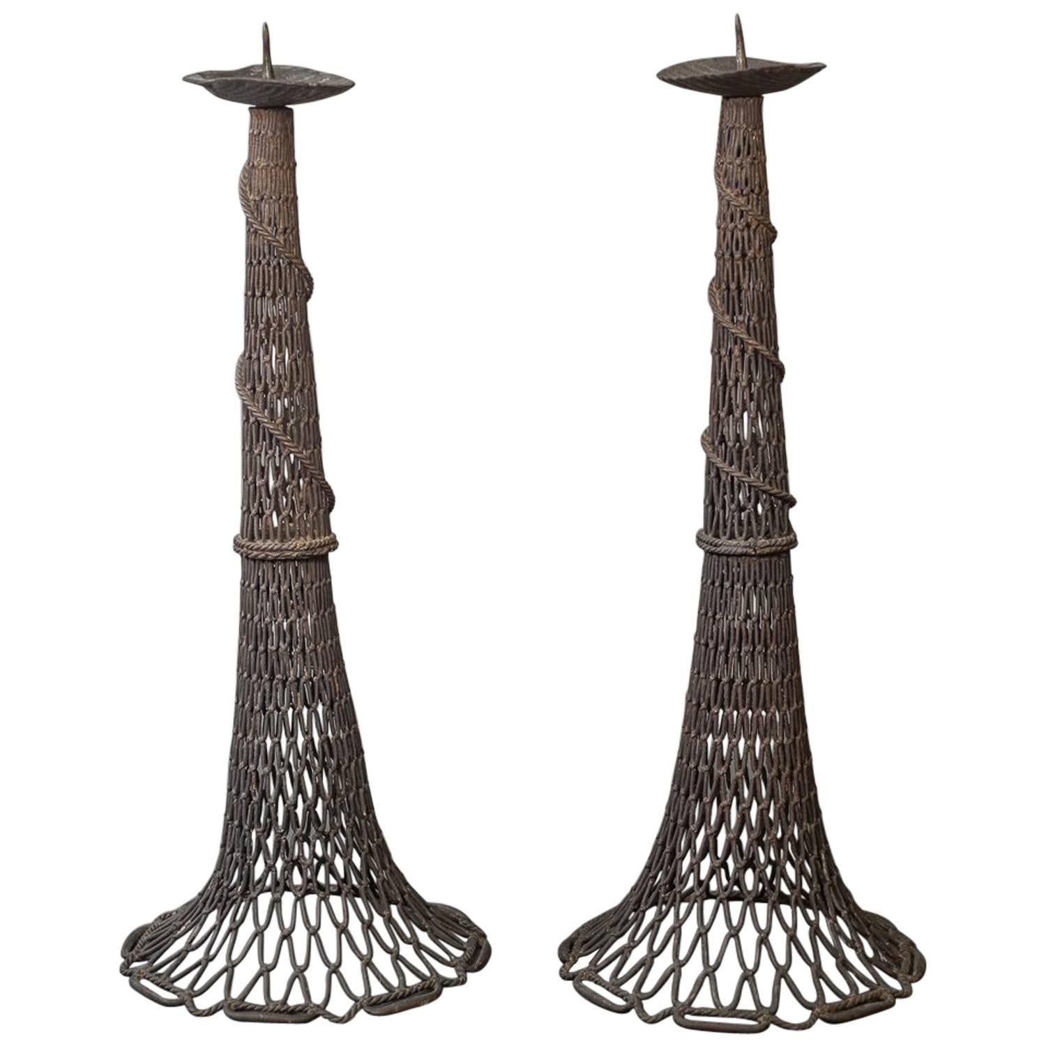 Pair of Bronze Fishnet Candlesticks