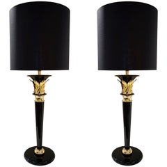 1970 Italian Hollywood Regency Pair of Black Lacquered and Gold Leaf-Motif Lamps