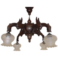 Antique Eraly 1900 Handcrafted Gothic Art Four Arm Winged Dragon Pendant Light