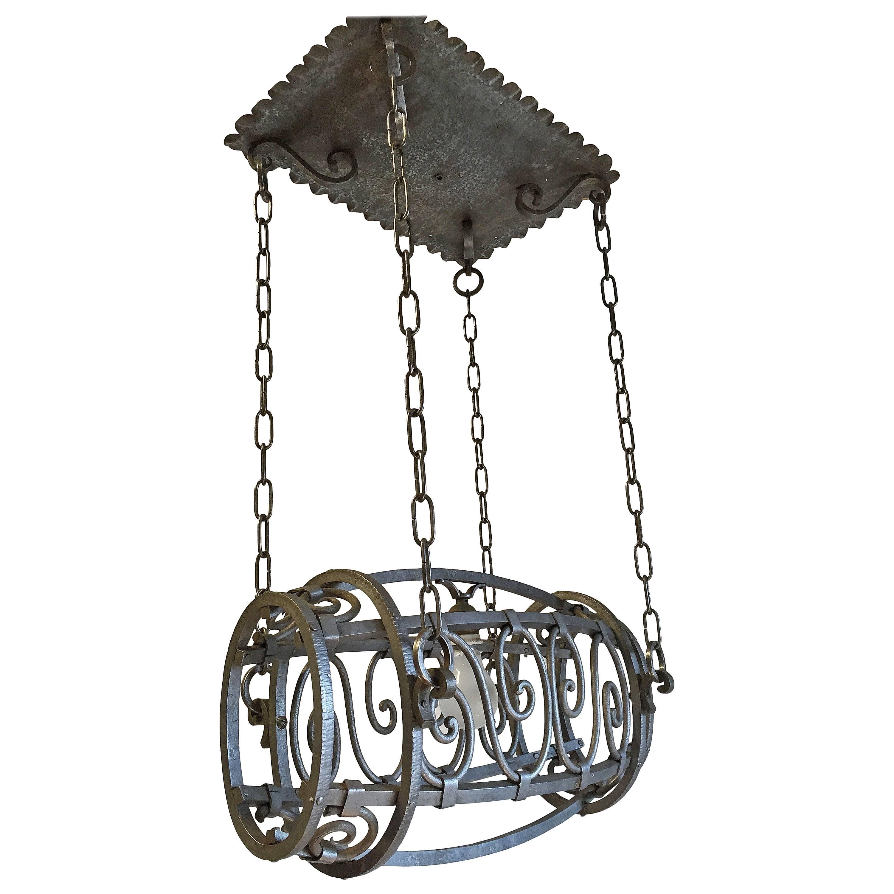 Unique 1920, Whisky Barrel Shaped Wrought Iron Distillery Pendant Light  For Sale