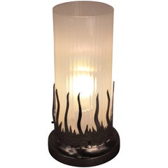 French 1920s Opalescent Glass and Bronze Flame Table Lamp