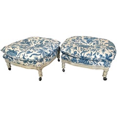 Pair of Vintage 1960s Italian Regency Style Crewel Work Embroidered Ottomans