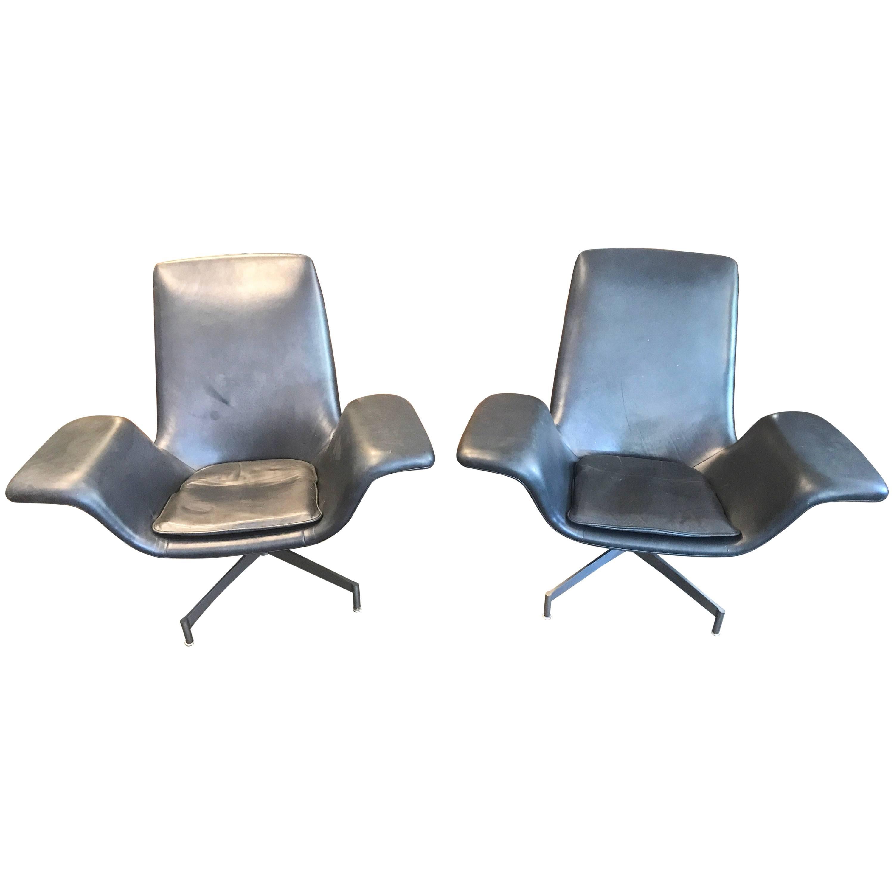 Pair of Modern Leather HBF "Dialogue" Home or Office Swivel Lounge Chairs
