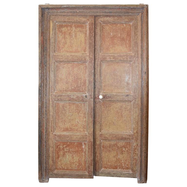 Pair Of Spanish 18th Century Original Painted Eight Panel Doors With Surround