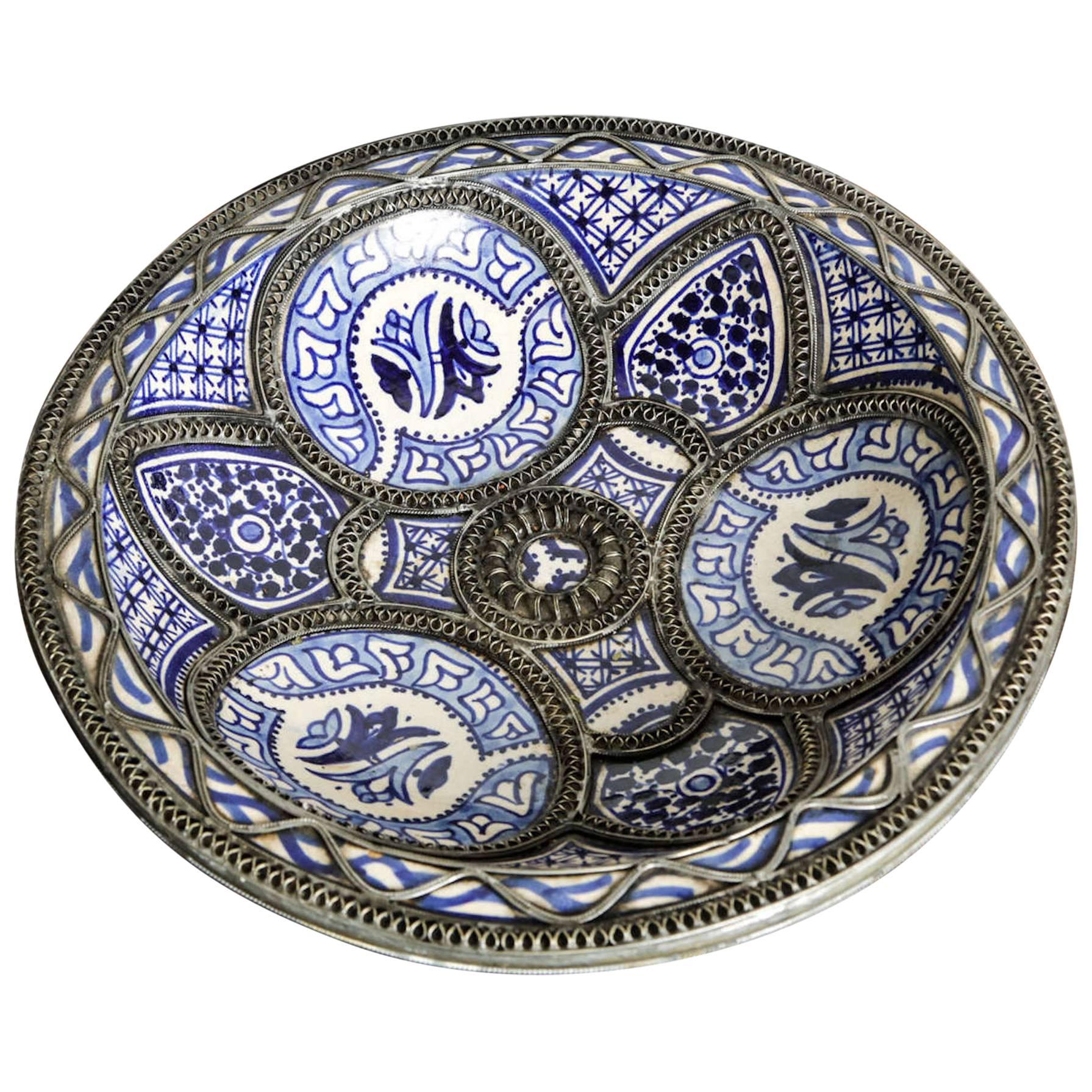 Moroccan Fez Ceramic Plate in Blue and White Adorned with Filigree