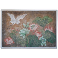 Monumental Painting in Hollywood Regency Chinoiserie Style of Crane and Flowers