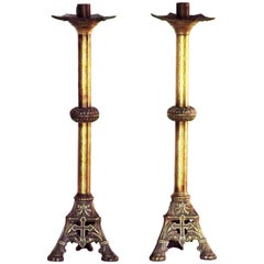 Pair of Antique Neo-Gothic Ecclesiastical Brass Altar Candlesticks