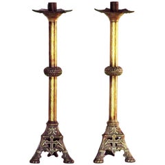 Pair of Antique Neo-Gothic Ecclesiastical Brass Altar Candlesticks 10