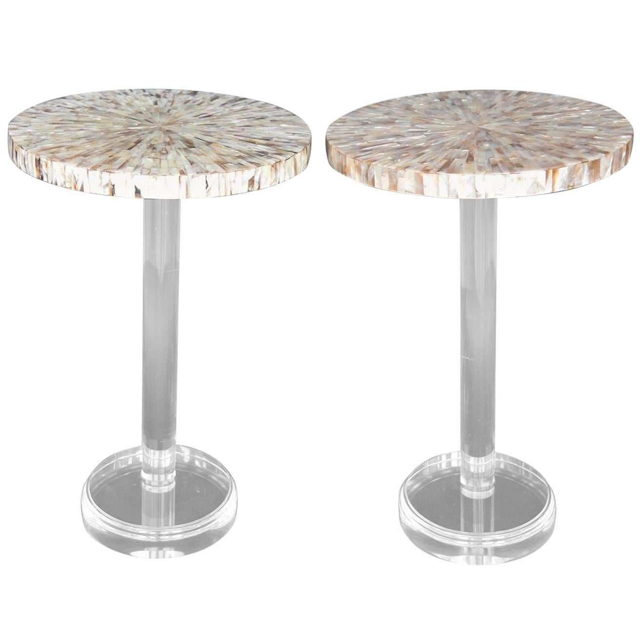 Pair of Mother-of-Pearl Side Tables with Lucite Bases For Sale