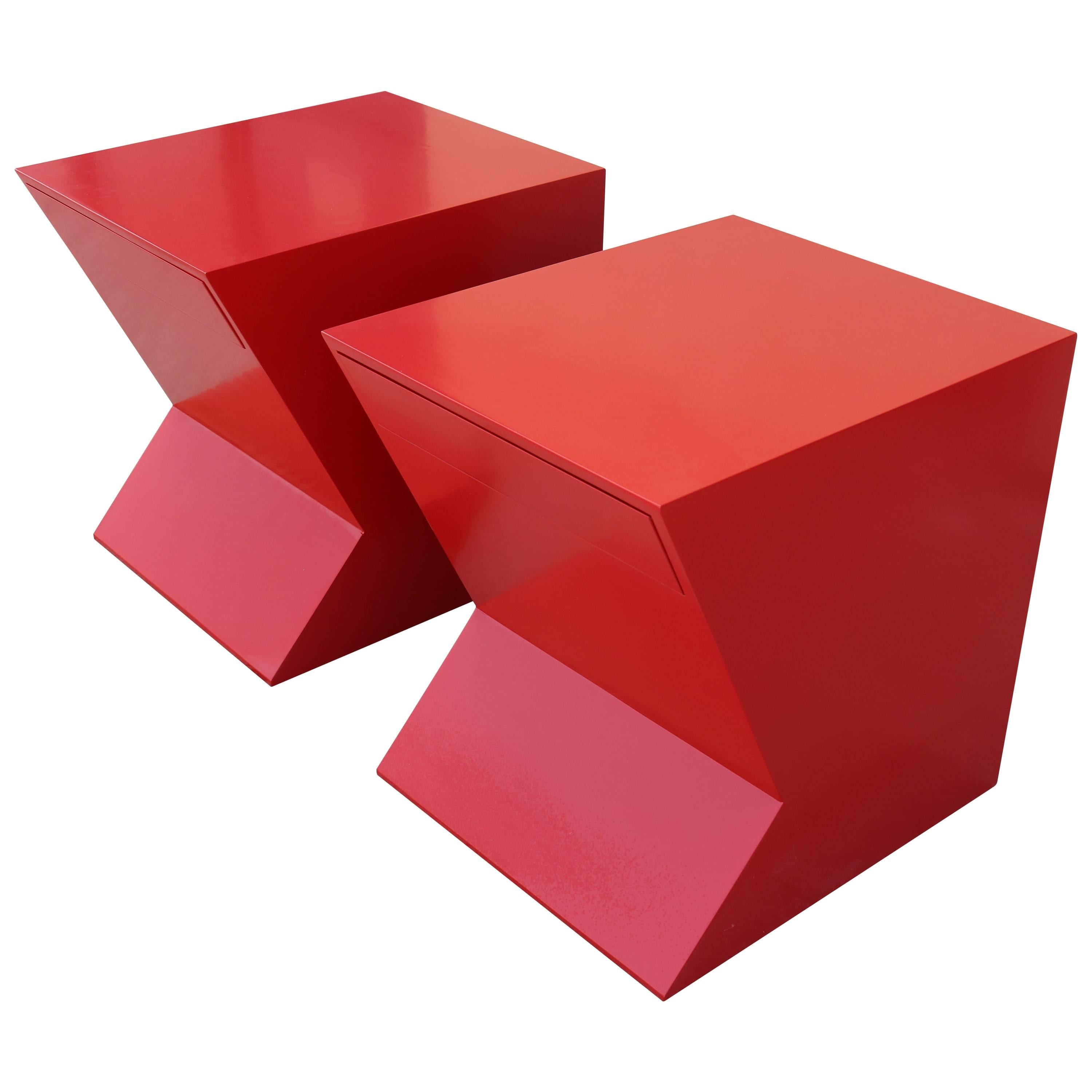 Architectural Cherry Red Lacquer Geometric Shaped Nightstands, Pair