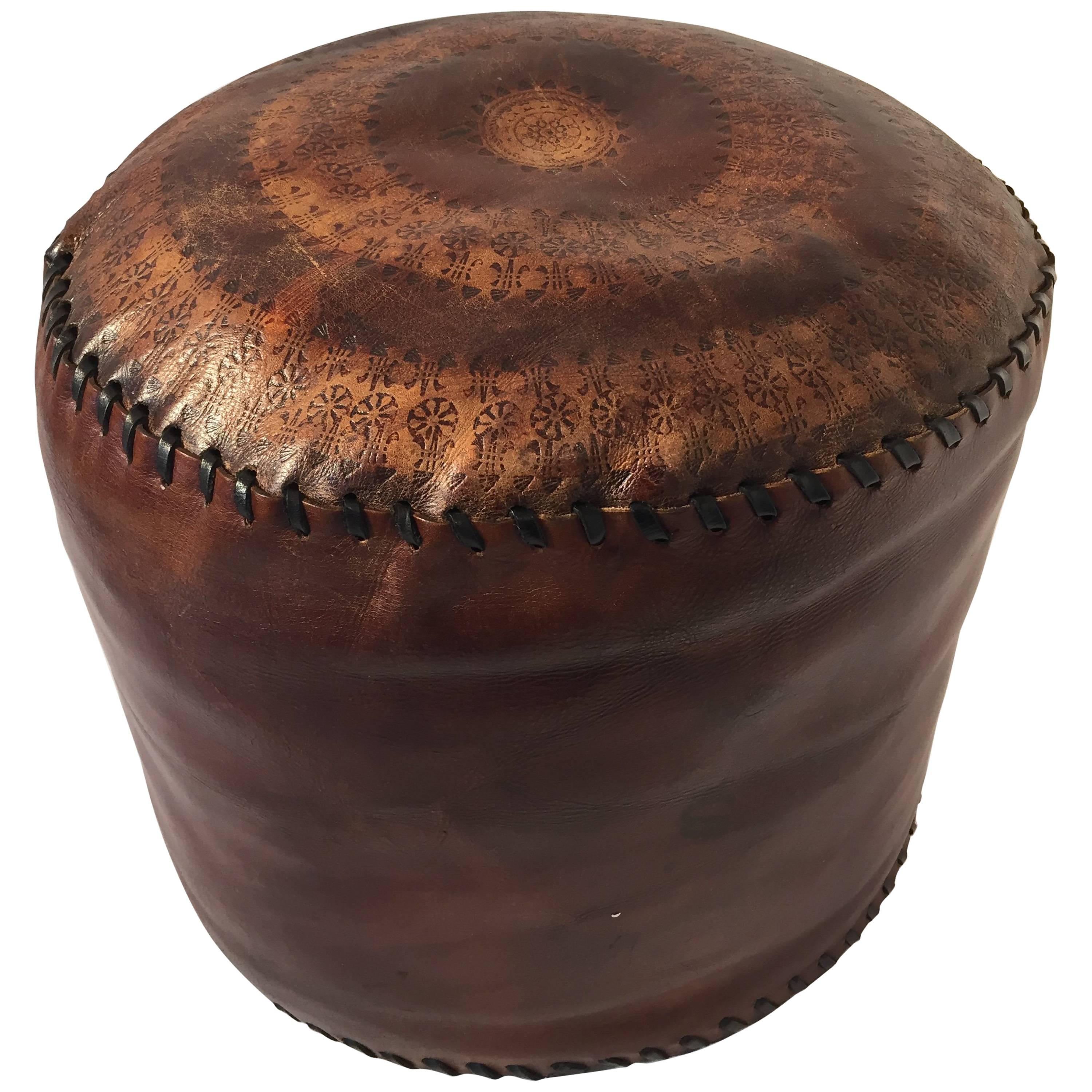 African Hand Tooled Brown Leather Pouf