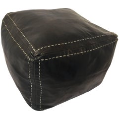 Moroccan Black Leather Square Pouf Hand Tooled in Morocco