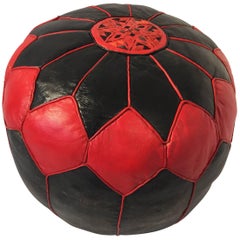 Moroccan Vintage Round Leather Pouf Red and Black 4