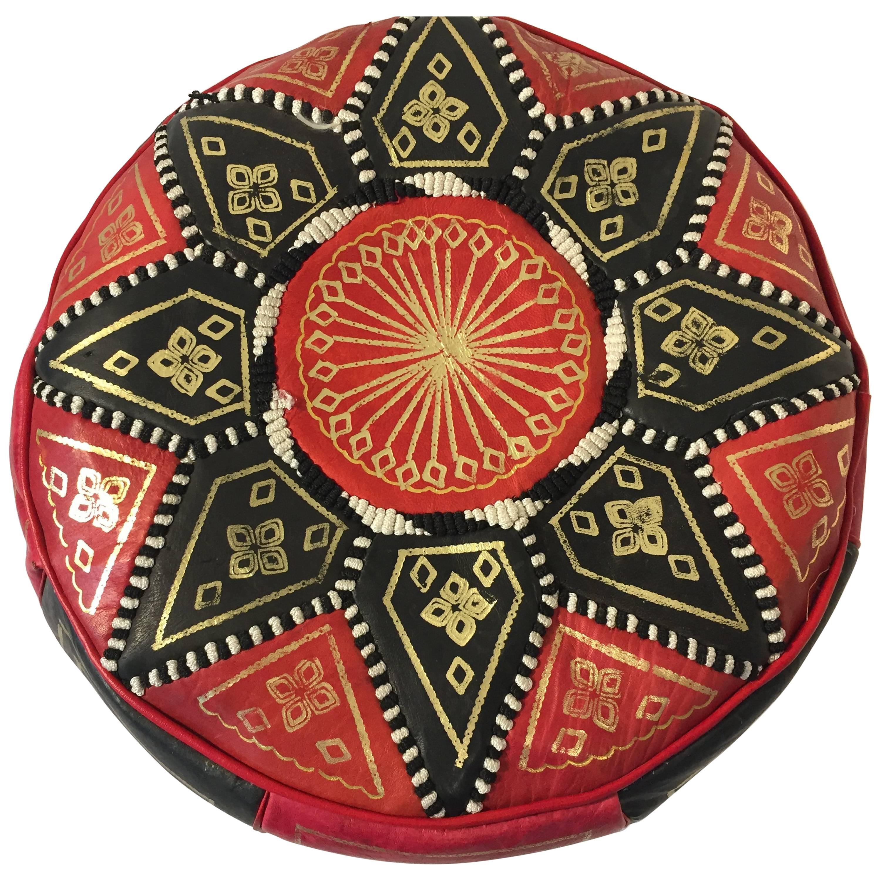 Moroccan Round Pouf Hand-Tooled and Embroidered in Fez Morocco