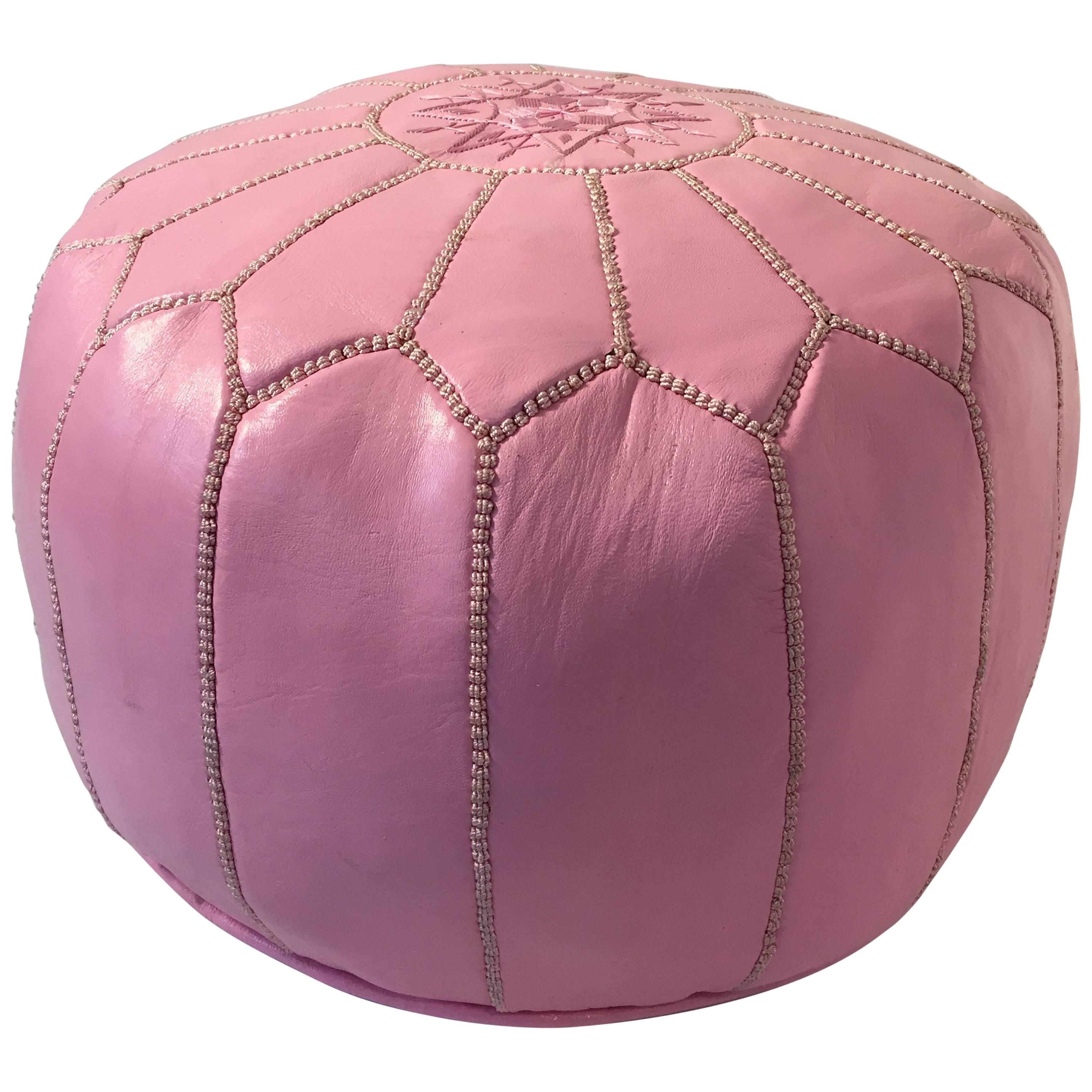 Moroccan Hand Tooled Leather Pouf in Baby Pink Color For Sale