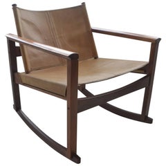 Vintage Rosewood and Leather Sling PegLev Rocking Chair by Michel Arnoult, 1968