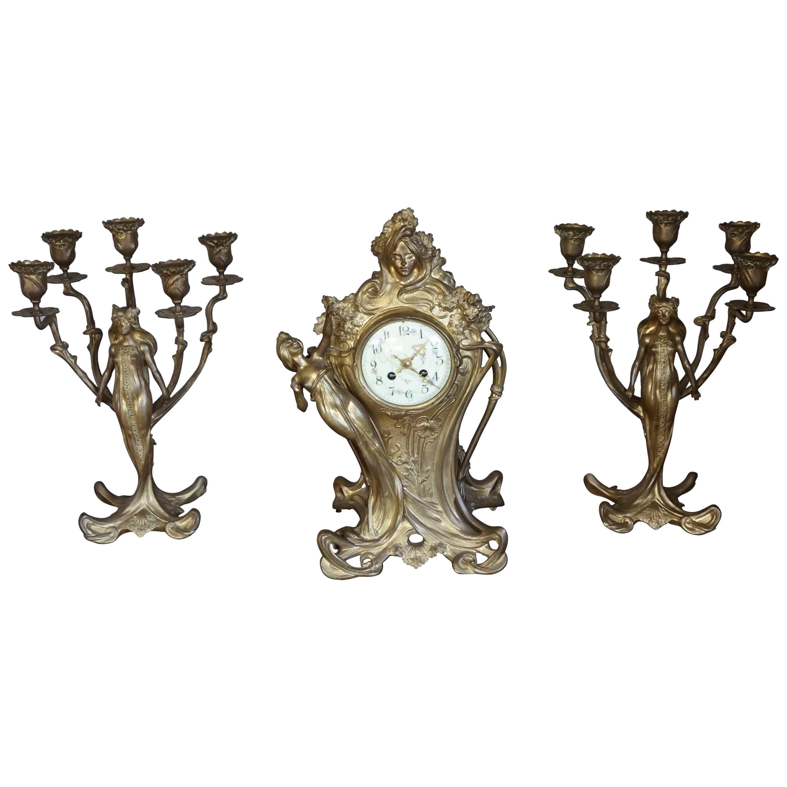 Art Nouveau Gilt Bronze Lady Sculpture Mantel Clock with 2 Matching Candelabras