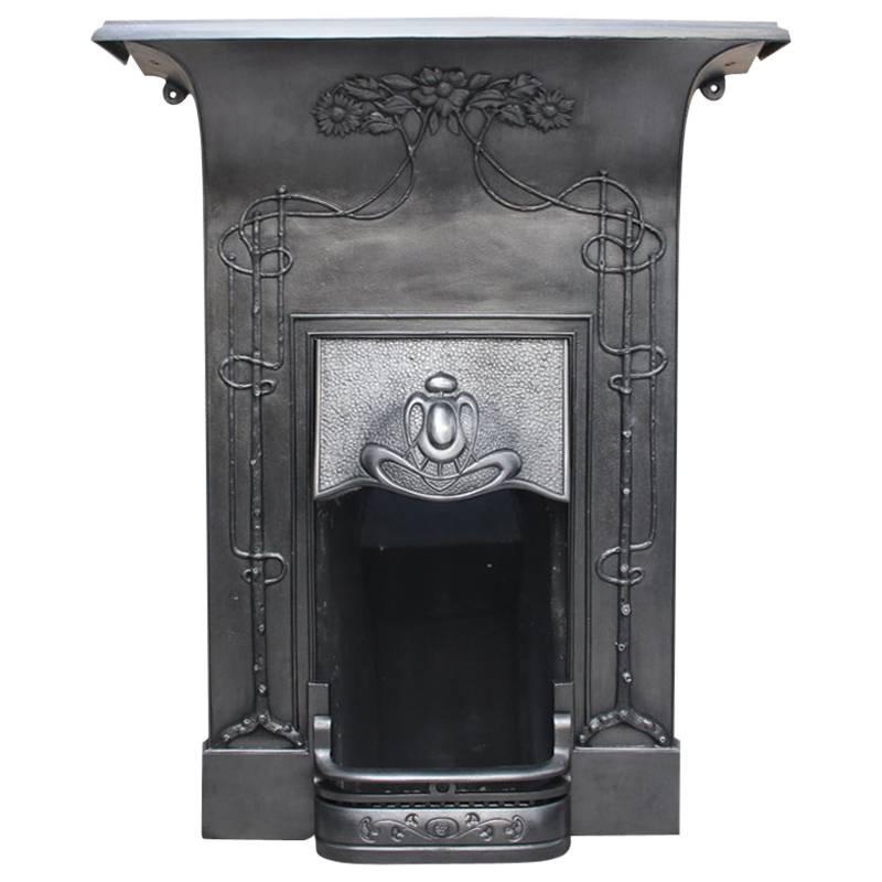 Tall Antique Edwardian Cast Iron Fireplace in the Art Nouveau Manner