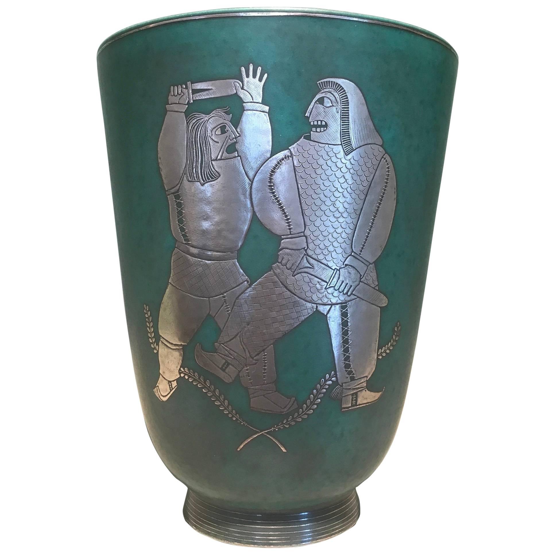 Wilhelm Kage Argenta Vase with Two Warriors in Silver, Sweden For Sale