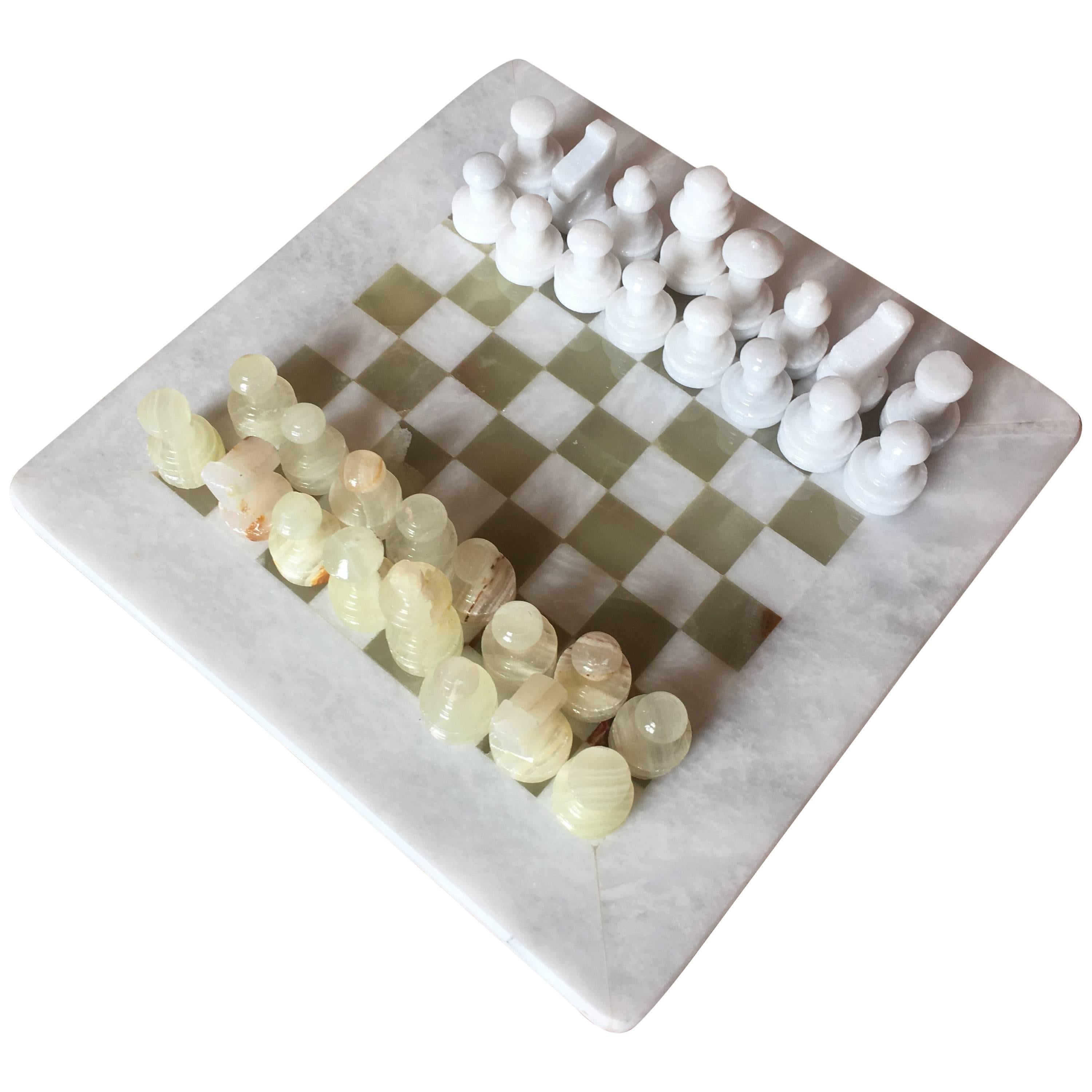 Green, White Onyx Marble Hand-Carved Chess