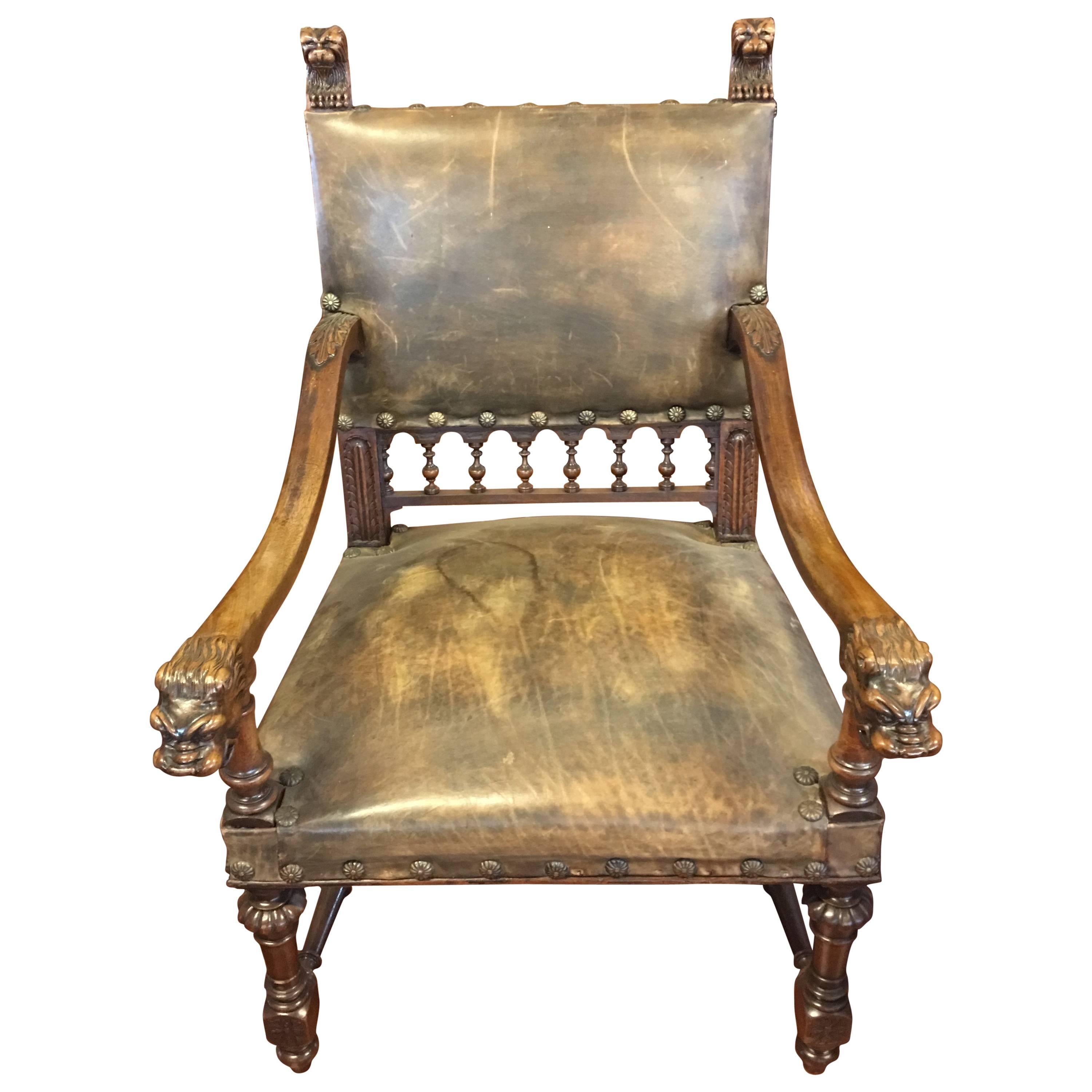 Antique Leather Carved Italian Throne Chair