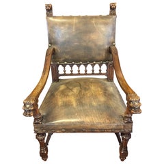 Antique Leather Carved Italian Throne Chair