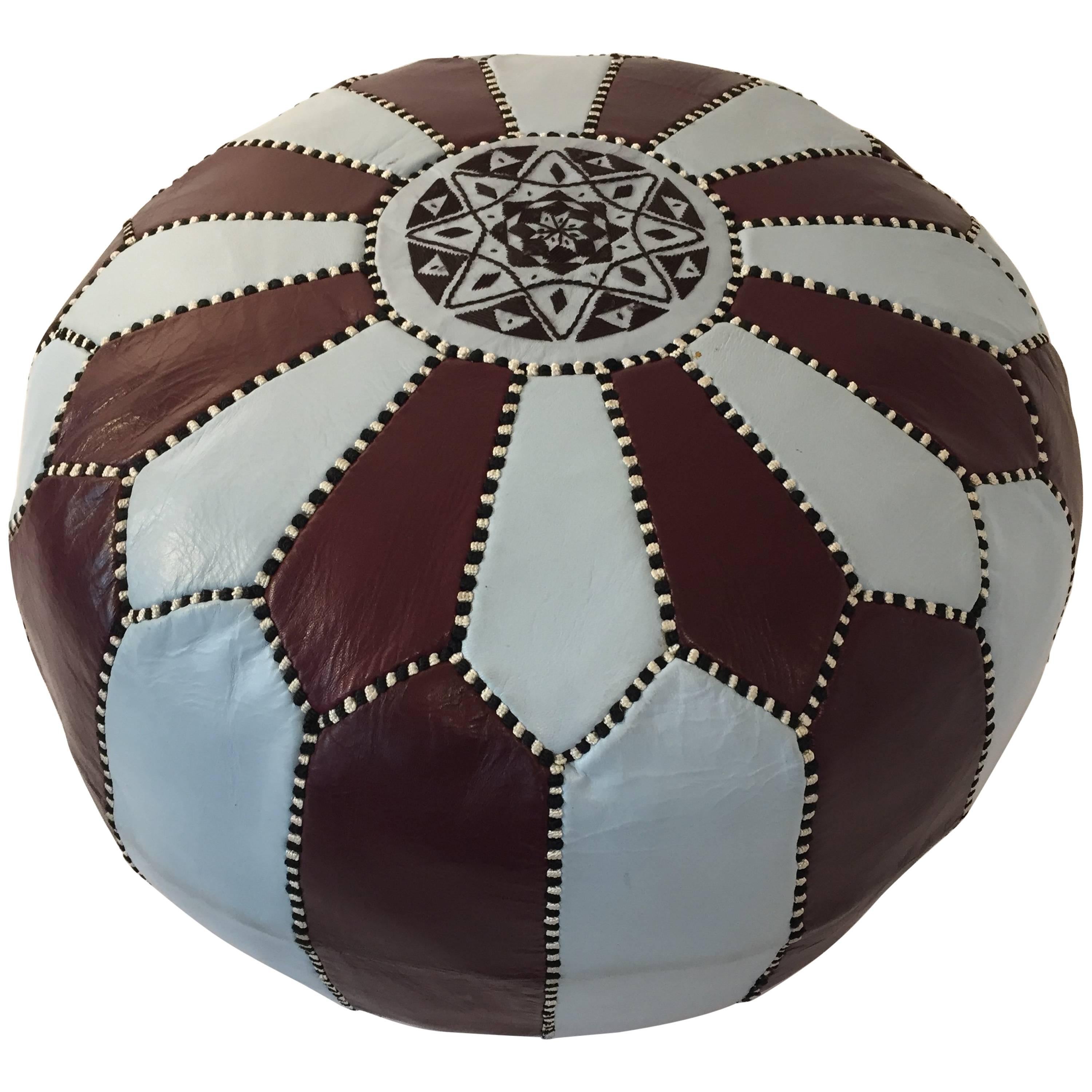 Vintage Moroccan Round Leather Pouf Brown and Blue Embroidered