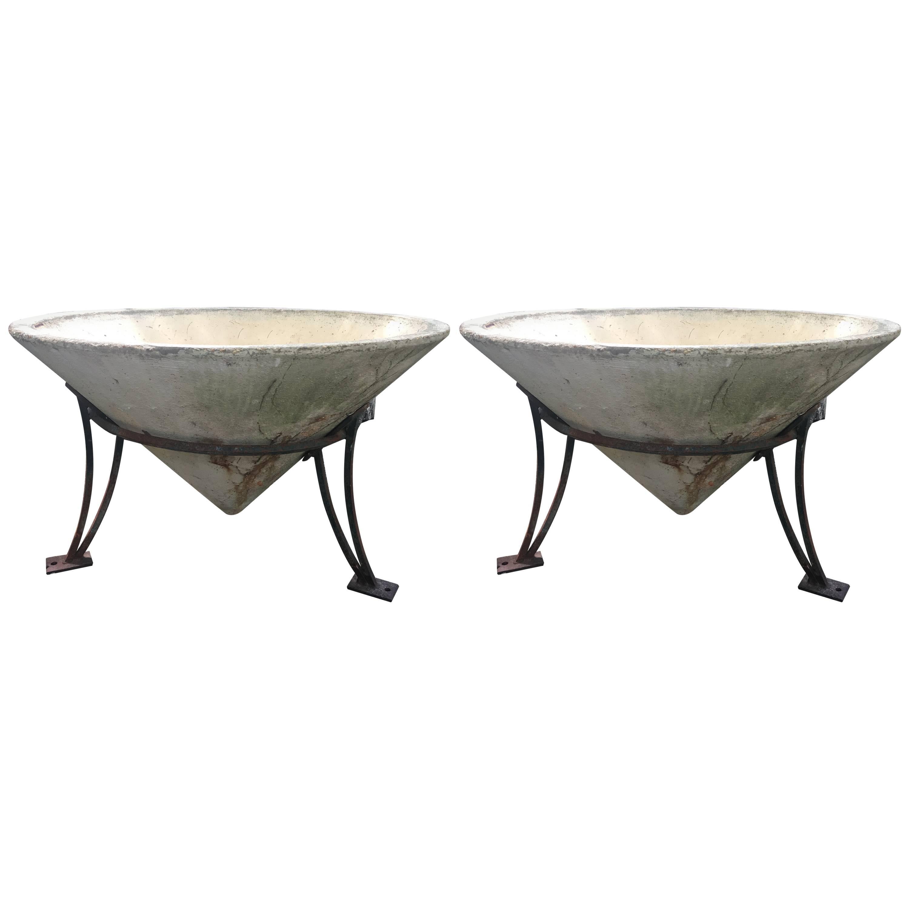 Enormous Pair of Mid-Century Cast Stone Conical Planters in Stands