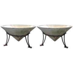 Enormous Pair of Mid-Century Cast Stone Conical Planters in Stands