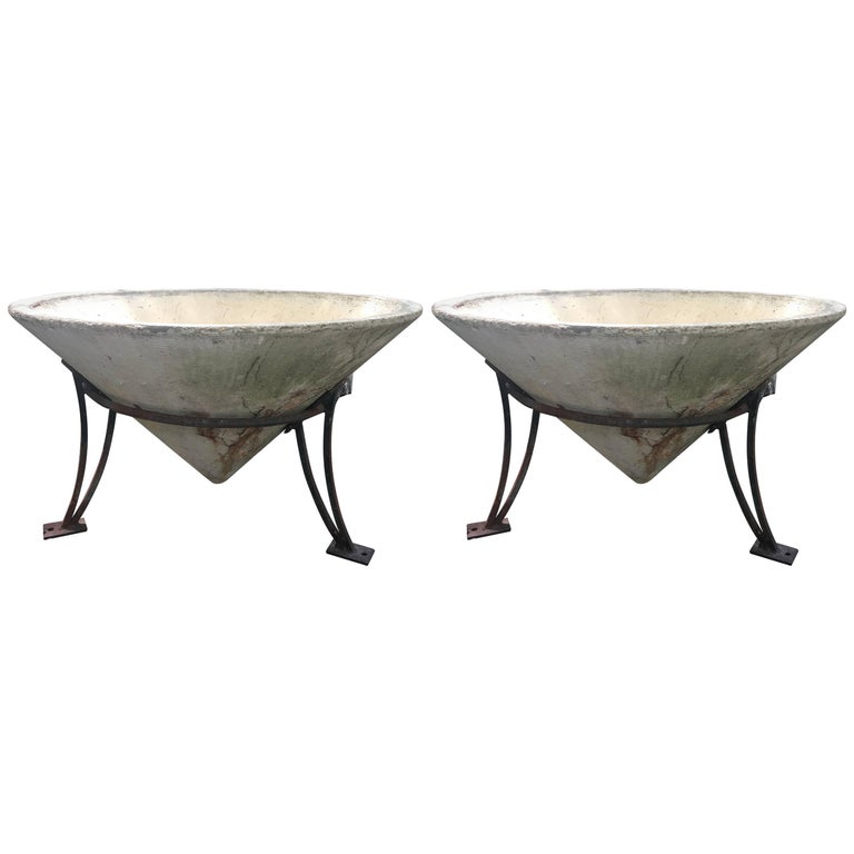 Enormous Pair of MidCentury Cast Stone Conical Planters in Stands at 1stDibs