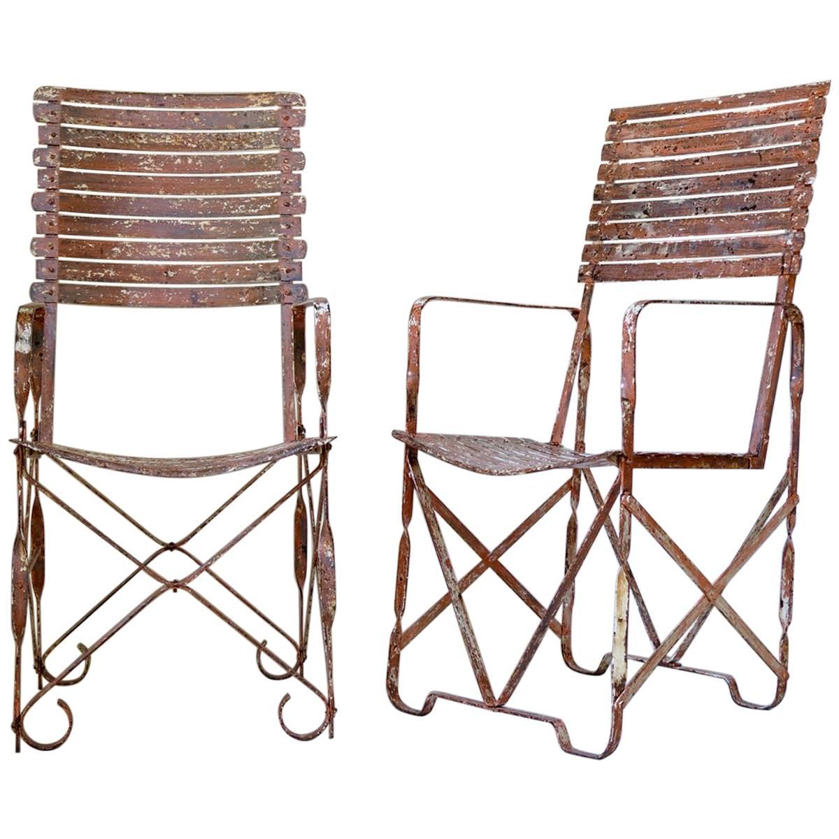 Rare Pair of Painted Iron Armchairs, France, circa 1910s