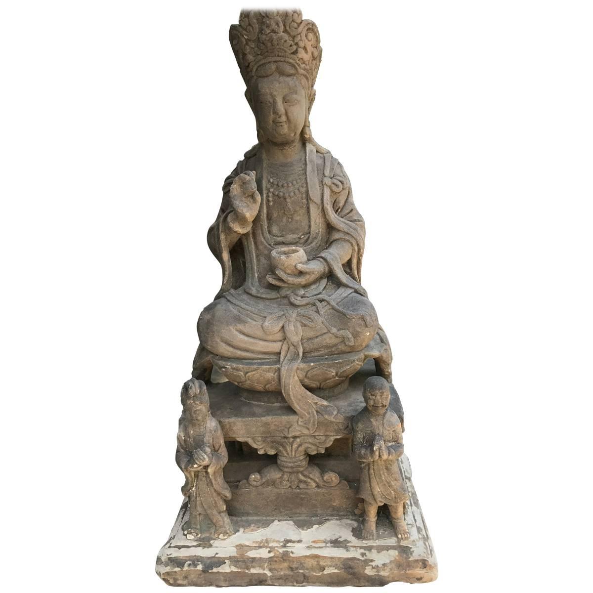 Chinese Antique Stone Bodhisattva Hand-Carved, 120 Years Old