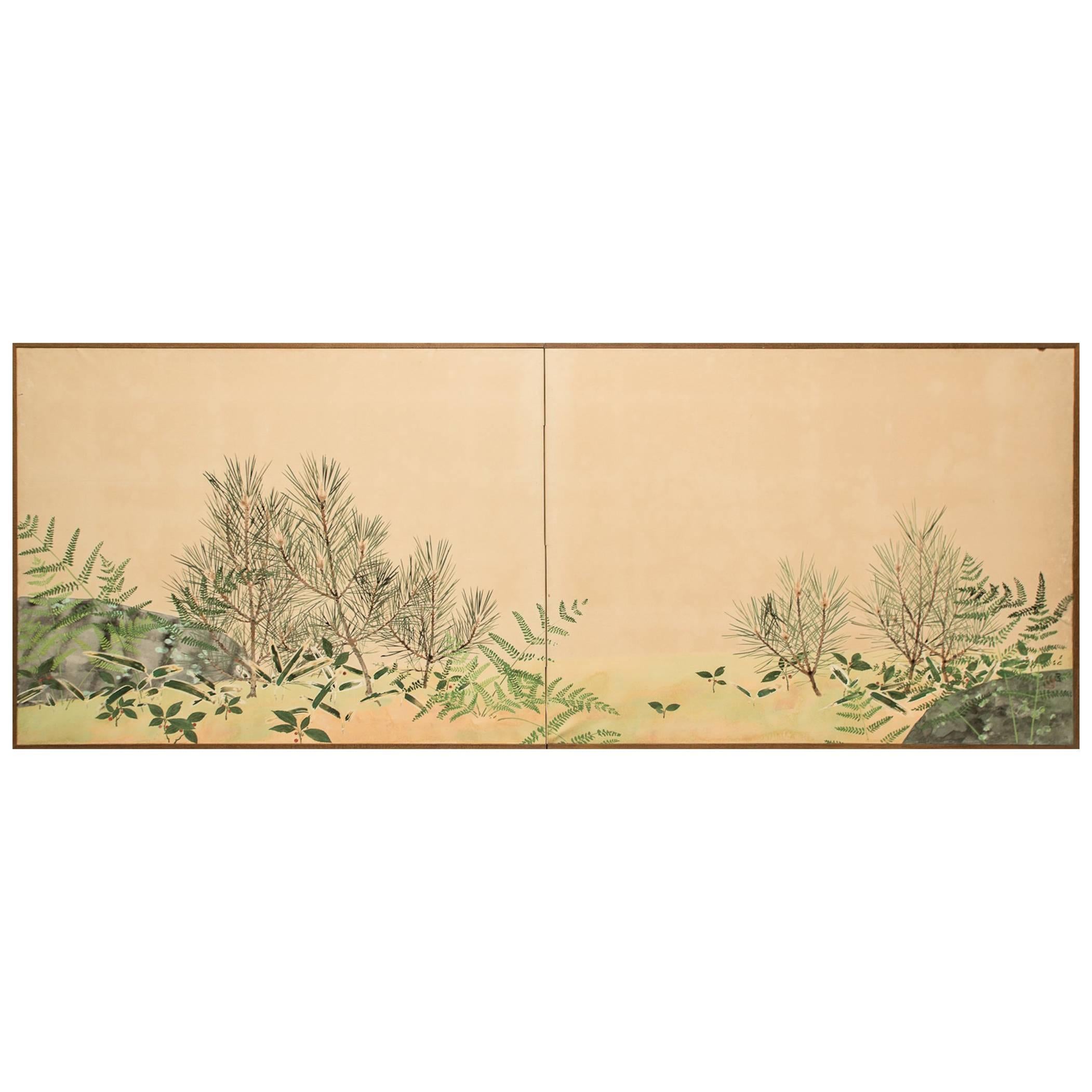 Japanese Two-Panel Screen, Ferns and Young Pine