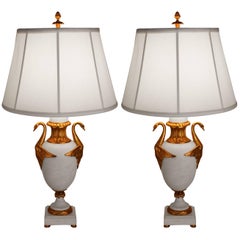 Pair of Early 20th Century Carrara Marble and Dore Bronze Table Lamps