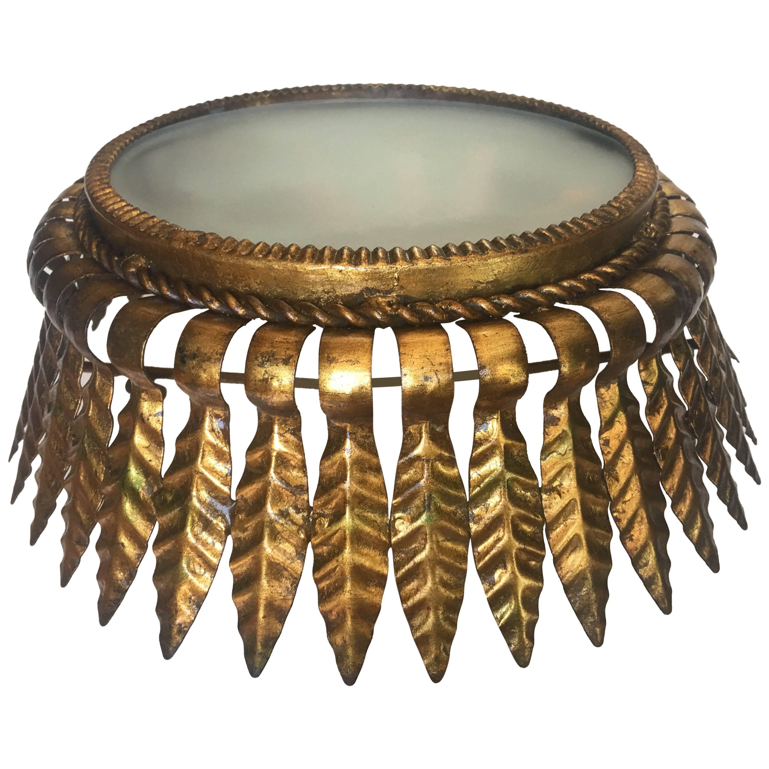 Gilt Metal Sunburst Crown Ceiling Fixture with Frosted Glass For Sale