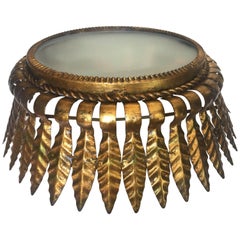 Gilt Metal Sunburst Crown Ceiling Fixture with Frosted Glass