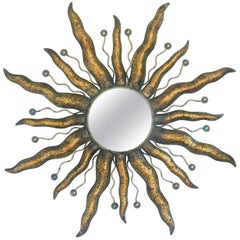 1960s Italian Gilt Metal Patinated Sunburst Mirror with Glasses