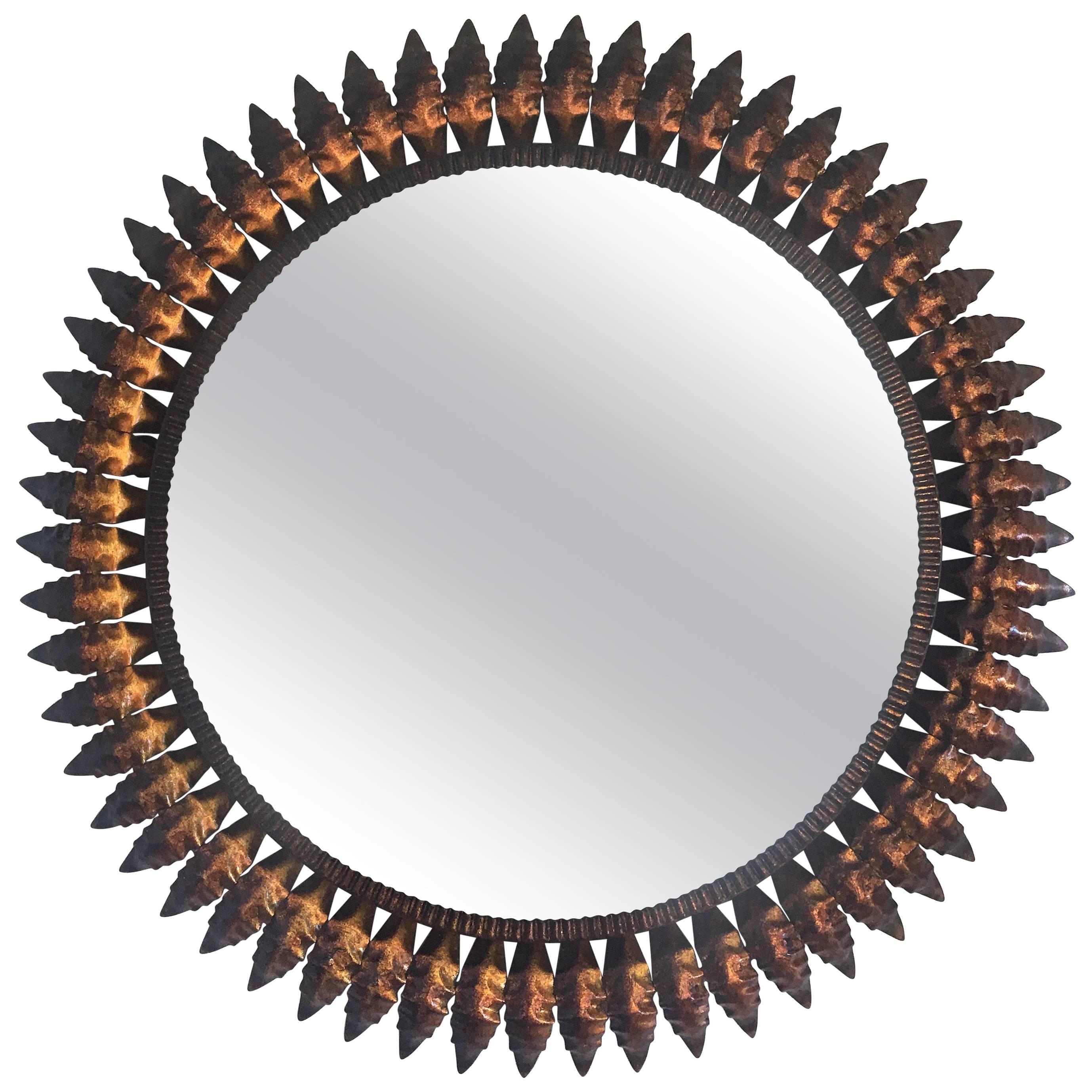 Mid-Century Spanish Sunburst Round Copper Mirror, 1950s