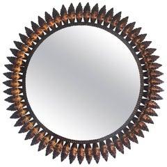 Mid-Century Spanish Sunburst Round Copper Mirror, 1950s