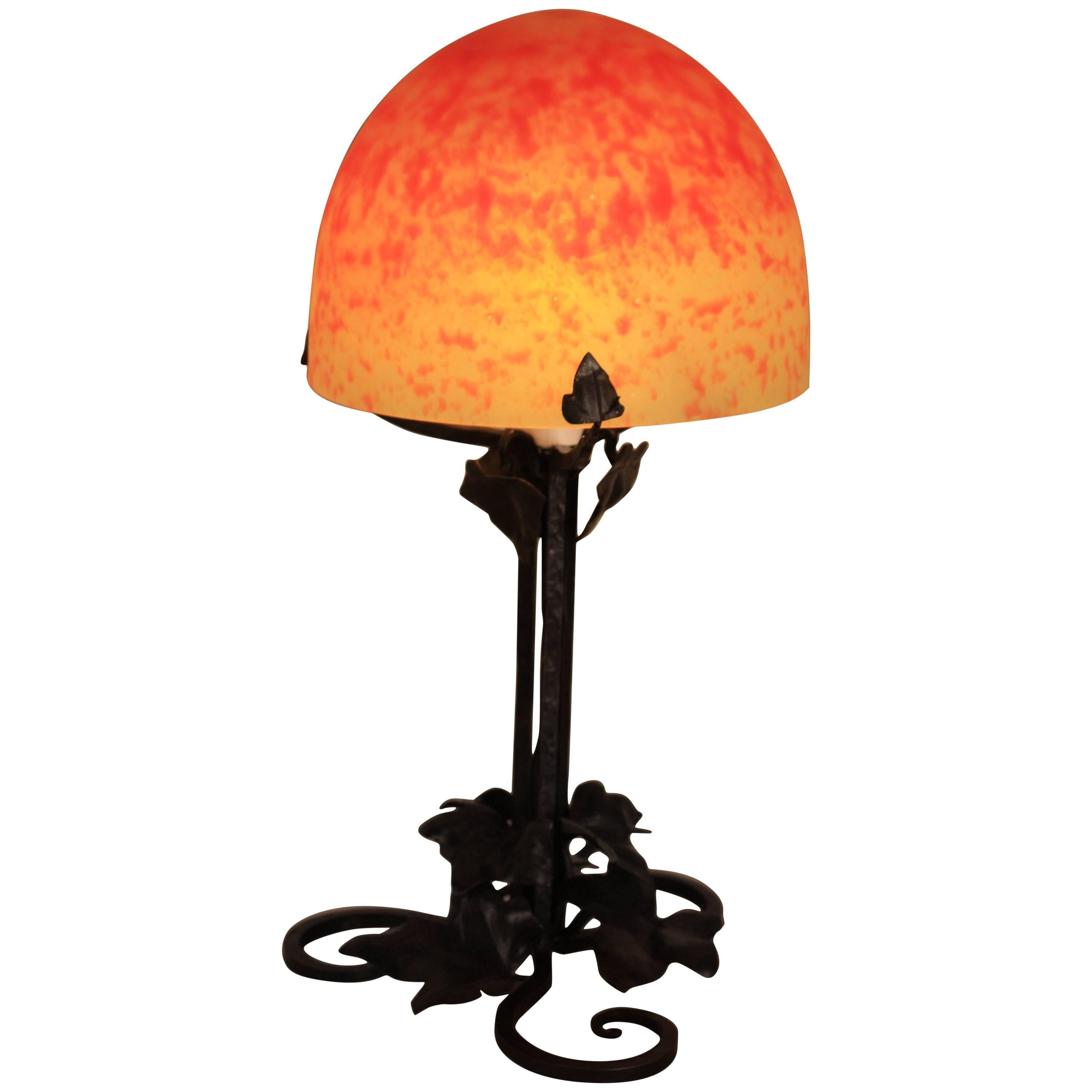 French Art Deco Wrought Iron and Art Glass Table Lamp