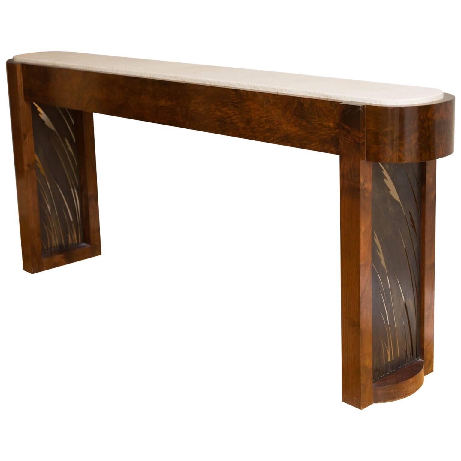 Burl Walnut, Leather and Patinated Steel Console Table by Gregory Clark For Sale