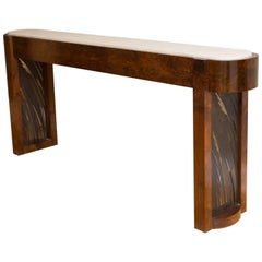 Burl Walnut, Leather and Patinated Steel Console Table by Gregory Clark
