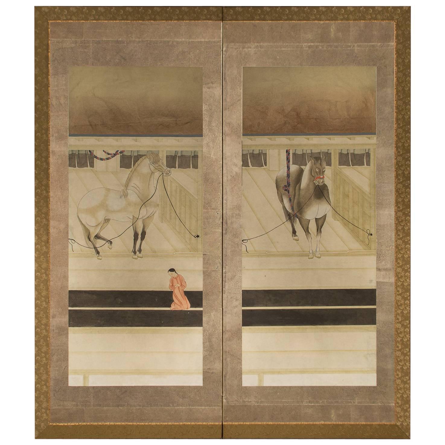 Japanese Two-Panel Screen, Horses in Stable with Attendant