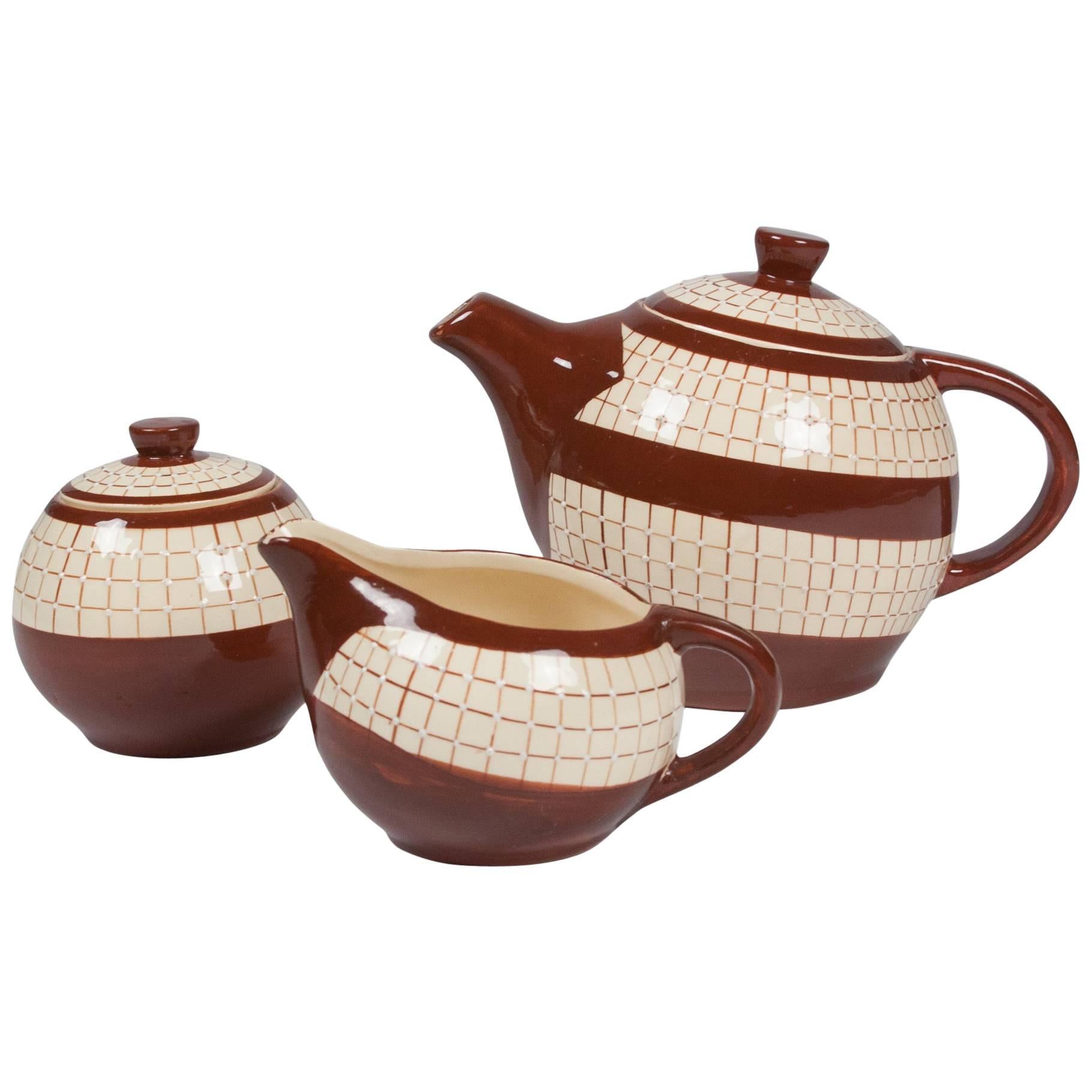 Three-Piece Ceramic Tea Service by Longchamps For Sale