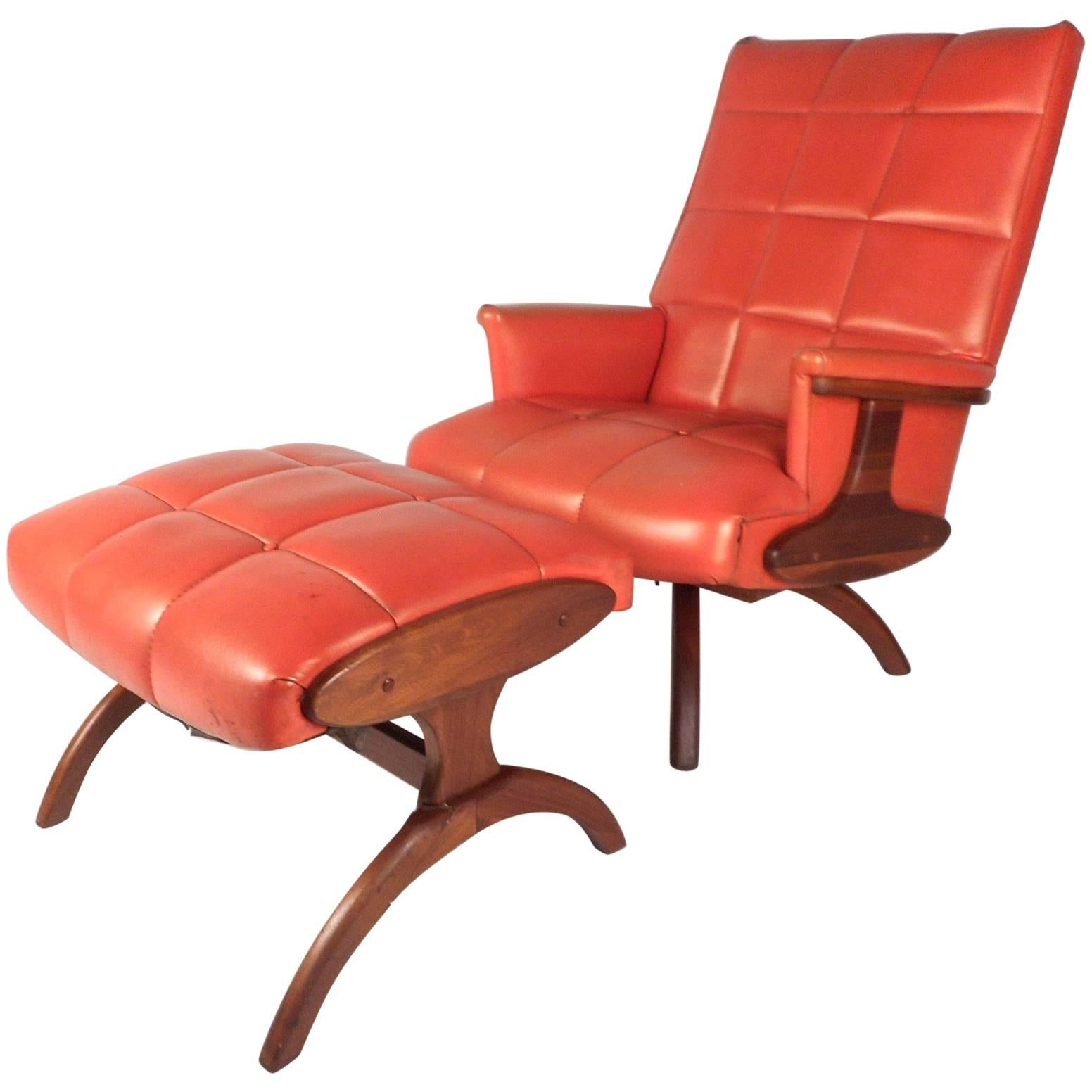 Mid-Century Modern Heywood Wakefield Style Swivel Lounge Chair and Ottoman