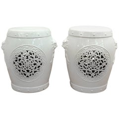 Pair of White Ceramic Garden Stools with Asian Inspired Motifs 2