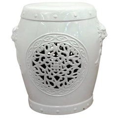 White Ceramic Garden Stool with Asian Inspired Motifs