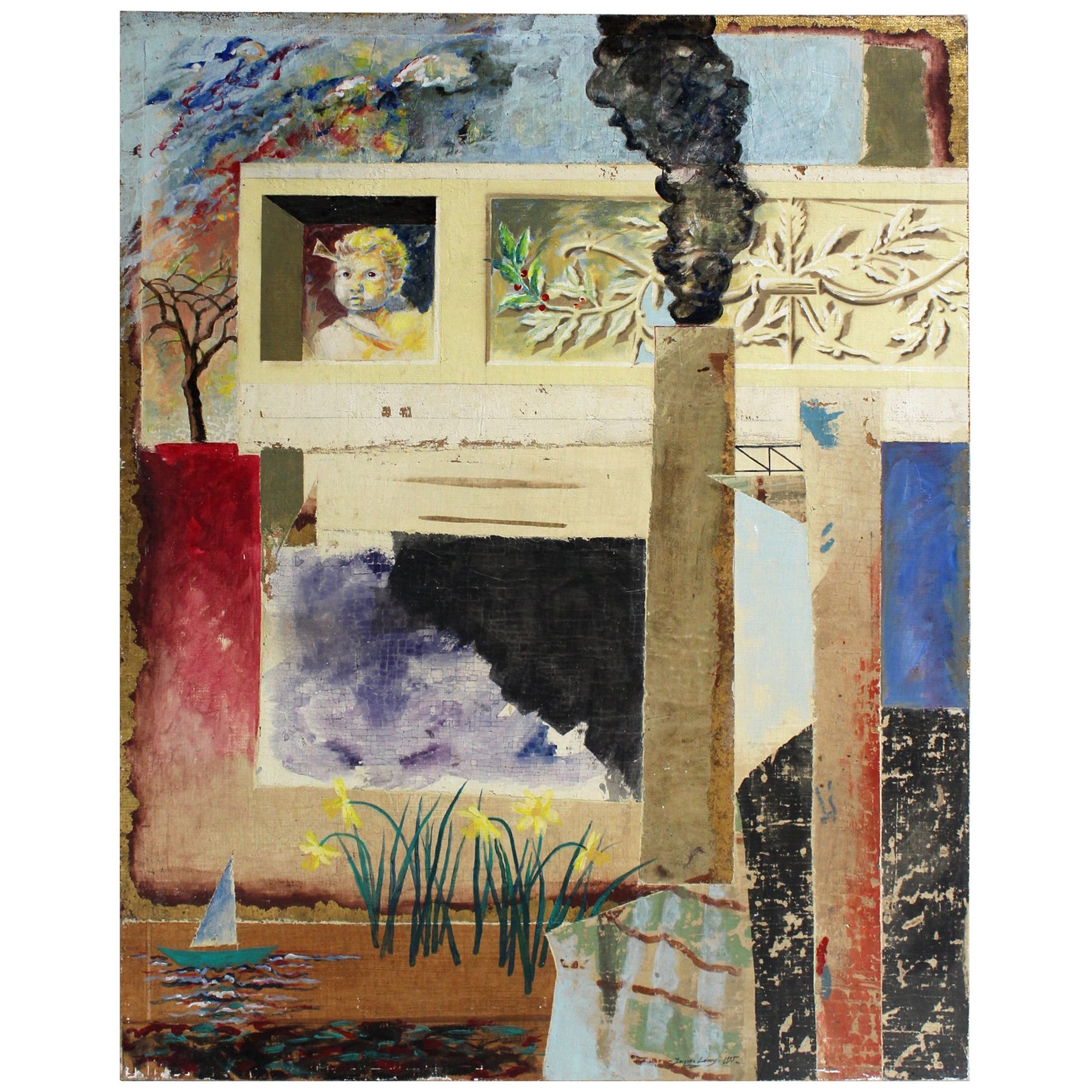 John Dawson Signed Exceptionally Large Surreal Oil Painting of Two Figures For Sale at 1stDibs