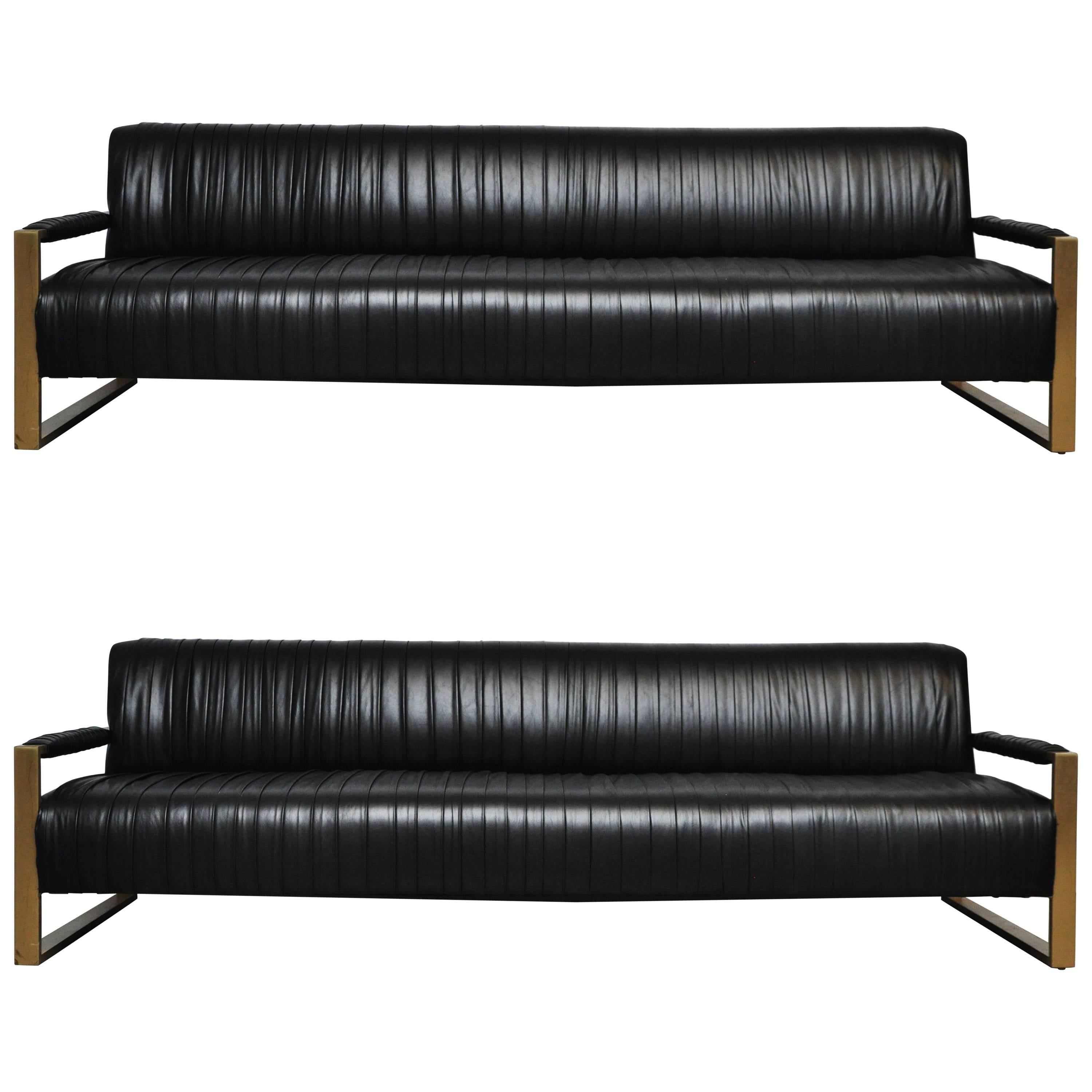 Modern Drama Pleated Leather Sofa with Brushed Brass Frames